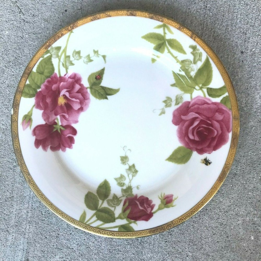 Charter Club Fashion Buffet Gold Dinner Plate Pink Roses Bee Ladybug See pics